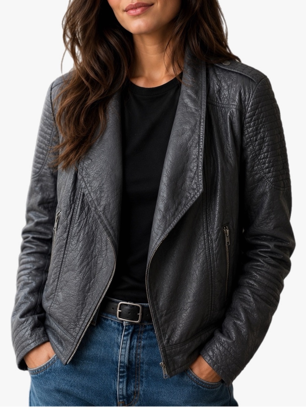 BB Dakota Jack Faux Leather Moto Jacket Women’s Small Gray Draped Biker